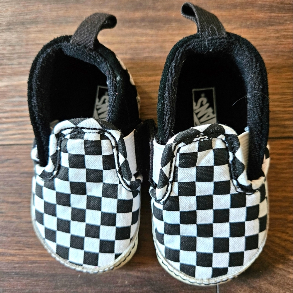 Baby Vans slip on black and white checkered shoes, size 3 baby shoes